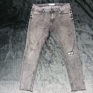 Bershka Women Jeans‎ Black Cotton Blend Mid Rise Distressed Slim Stretch Denim